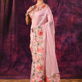 Soft Pink With Hand-Painted Vibrant Rose Border Design Chanderi Saree