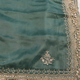 Bottle Green Hand Embroidered Saree With Intricate Gold Zari Border