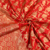 Bright Red Silver Zari Floral All Over Pure Silk Banarasi Saree With Geometric Chevron Pallu
