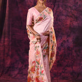 Soft Pink With Hand-Painted Vibrant Rose Border Design Chanderi Saree