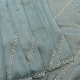 Dusty Blue Hand Embroidered Georgette Saree With Pearl Zari Border