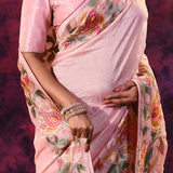 Soft Pink With Hand-Painted Vibrant Rose Border Design Chanderi Saree