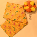 Mustard Yellow Meenakari Floral Butti Pure Silk Banarasi Saree With Gold Zari Pallu And Pink Border