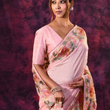 Soft Pink With Hand-Painted Vibrant Rose Border Design Chanderi Saree