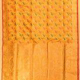 Mustard Yellow Meenakari Floral Butti Pure Silk Banarasi Saree With Gold Zari Pallu And Pink Border