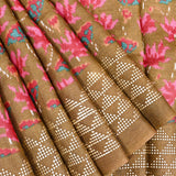 Olive Mustard Ikat-Print Saree With Abstract Floral Motifs And Sequin Border