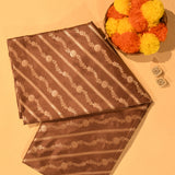 Dark Chocolate Brown Copper Zari Diagonal Stripe Floral Pure Silk Banarasi Saree With Ogee Jaal Pallu