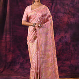 Romantic Rose Pink With Gold Floral And Architectural Motifs Chanderi Saree