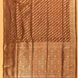 Dark Chocolate Brown Copper Zari Diagonal Stripe Floral Pure Silk Banarasi Saree With Ogee Jaal Pallu
