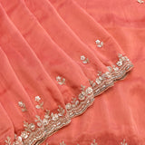 Peach Hand Embroidered Georgette Saree With Floral Sequin Border