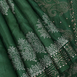 Bottle Green Silk Saree With Silver Block Printed Floral Butti & Copper Sequin Foil Jaal Pallu