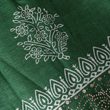 Bottle Green Silk Saree With Silver Block Printed Floral Butti & Copper Sequin Foil Jaal Pallu