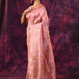 Romantic Rose Pink With Gold Floral And Architectural Motifs Chanderi Saree