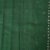 Bottle Green Silk Saree With Silver Block Printed Floral Butti & Copper Sequin Foil Jaal Pallu