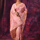 Romantic Rose Pink With Gold Floral And Architectural Motifs Chanderi Saree