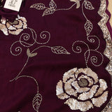 Maroon Hand Embroidered Georgette Saree With Heavy Sequin Rose Border