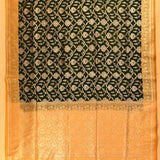 Dark Forest Green Gold Zari Floral Jaal Pure Silk Banarasi Saree With Contrast Mustard Pallu