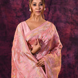 Romantic Rose Pink With Gold Floral And Architectural Motifs Chanderi Saree