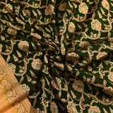 Dark Forest Green Gold Zari Floral Jaal Pure Silk Banarasi Saree With Contrast Mustard Pallu