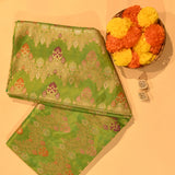 Mehendi Green Gold Zari Chevron Meenakari Butti Pure Silk Banarasi Saree With Heavy Gold Pallu