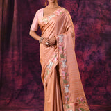 Peach Tissue Saree With Pichwai Cow And Lotus Vine Embroidery