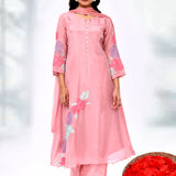 Soft Pink Organza Tissue Floral Printed Kurta Set