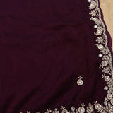 Wine Hand Embroidered Georgette Saree With Mirror Work Border