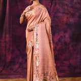 Peach Tissue Saree With Pichwai Cow And Lotus Vine Embroidery