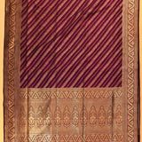 Deep Magenta Gold Zari Diagonal Leheriya Stripe Pure Silk Banarasi Saree With Leaf Motif Pallu