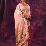 Peach Tissue Saree With Pichwai Cow And Lotus Vine Embroidery
