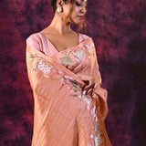 Peach Tissue Saree With Pichwai Cow And Lotus Vine Embroidery