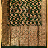 Deep Emerald Green Copper Zari Large Floral Bouquet Pure Silk Banarasi Saree With Dense Floral Pallu