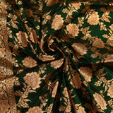 Deep Emerald Green Copper Zari Large Floral Bouquet Pure Silk Banarasi Saree With Dense Floral Pallu