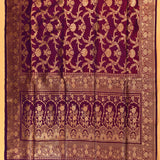 Royal Purple Gold Zari Floral Jaal Pure Silk Banarasi Saree With Arch Floral Bouquet Pallu