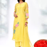Lemon Yellow Organza Tissue Floral Kurta Set