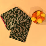 Dark Hunter Green Silver Zari Floral Spray Pure Silk Banarasi Saree With Contrast Hot Pink Pallu