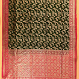 Dark Hunter Green Silver Zari Floral Spray Pure Silk Banarasi Saree With Contrast Hot Pink Pallu