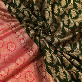 Dark Hunter Green Silver Zari Floral Spray Pure Silk Banarasi Saree With Contrast Hot Pink Pallu