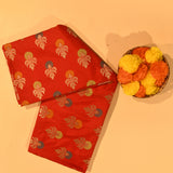 Vermillion Red Gold Zari Meenakari Floral Butti Pure Silk Banarasi Saree With Gold Geometric Pallu