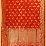 Vermillion Red Gold Zari Meenakari Floral Butti Pure Silk Banarasi Saree With Gold Geometric Pallu