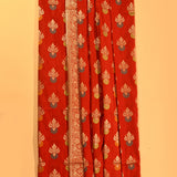 Vermillion Red Gold Zari Meenakari Floral Butti Pure Silk Banarasi Saree With Gold Geometric Pallu