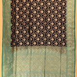 Black Gold Zari Floral Jaal Pure Silk Banarasi Saree With Contrast Teal Green Ogee Pallu