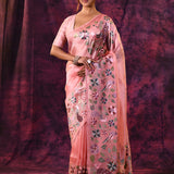 Peach Pink With Peacock And Floral Vine Embroidery Satin Saree