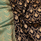 Black Gold Zari Floral Jaal Pure Silk Banarasi Saree With Contrast Teal Green Ogee Pallu