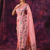 Peach Pink With Peacock And Floral Vine Embroidery Satin Saree