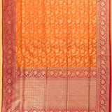 Bright Orange Gold Zari Floral Jaal Pure Silk Banarasi Saree With Contrast Red Geometric Pallu