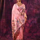 Peach Pink With Peacock And Floral Vine Embroidery Satin Saree