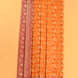 Bright Orange Gold Zari Floral Jaal Pure Silk Banarasi Saree With Contrast Red Geometric Pallu