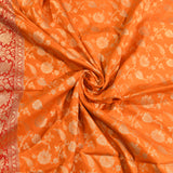 Bright Orange Gold Zari Floral Jaal Pure Silk Banarasi Saree With Contrast Red Geometric Pallu