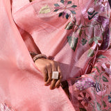 Peach Pink With Peacock And Floral Vine Embroidery Satin Saree